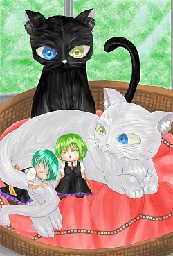小人な双子たちを見守る猫-A cat watching over a pair of tiny twins.